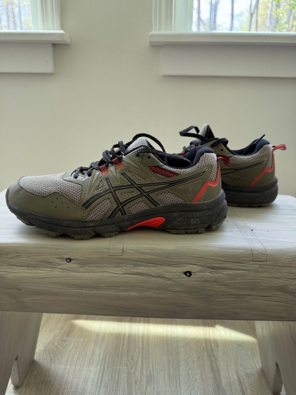 ASICS Olive Green and Gray Men's Trail Sneakers with Red Accents